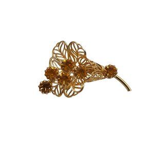 Vintage Gold Filigree Floral Brooch With Amber Rhinestones